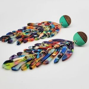 Boho Multi-color Monstera Leaf Wood Push-back Stud Fashion Earrings